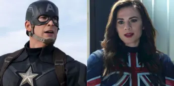 Chris Evans e Hayley Atwell como Steve Rogers e Peggy Carter, respectivamente