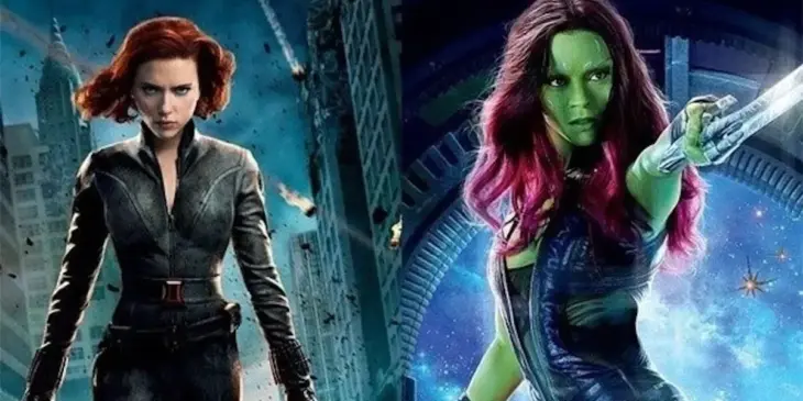 Scarlett Johansson como Viúva Negra e Zoë Saldaña como Gamora