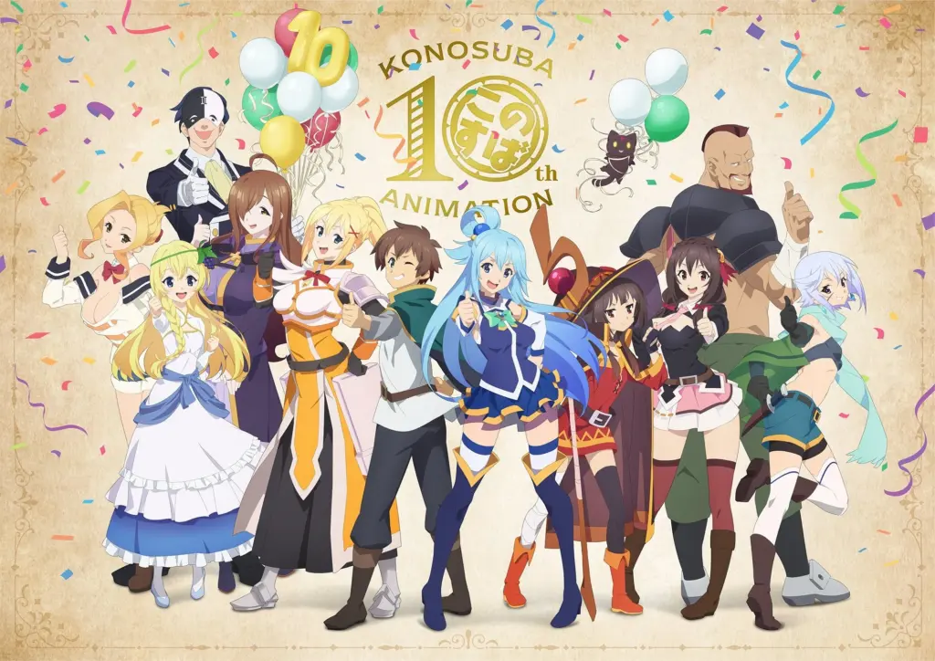 Arte comemorativa de 10º aniversário da adaptação em anime de KonoSuba