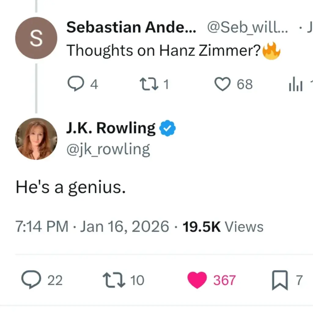 Comentário de J.K. Rowling sobre Hans Zimmer no X (antigo Twitter)
