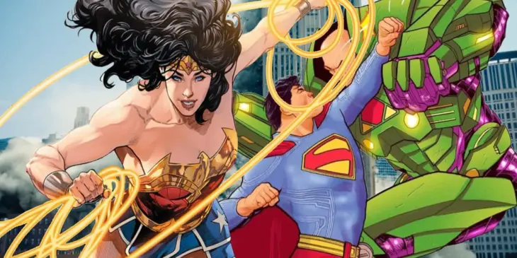 Mulher-Maravilha nos quadrinhos e David Corenswet e Nicholas Hoult em Homem do Amanhã