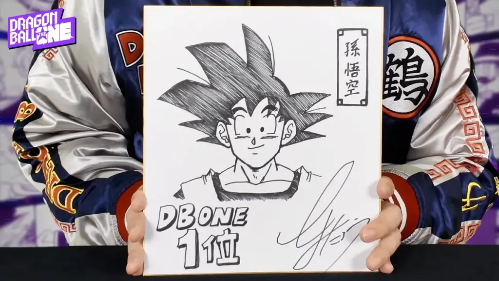 Toyotaro apresentando ilustração de Goku em vídeo de divulgação de resultados da pesquisa Dragon Ball The One