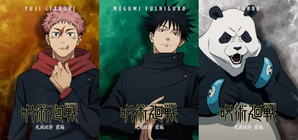 Cartazes individuais de Yuji Itadori, Megumi Fushiguro e Panda para a 3ª temporada de Jujutsu Kaisen