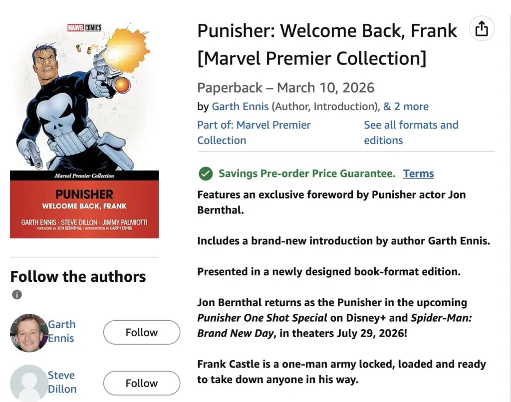 Reimpressão de Punisher Welcome Back Frank, na Amazon