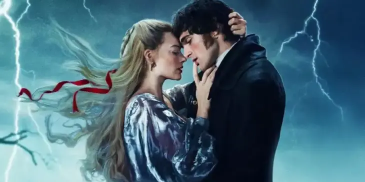 Margot Robbie e Jacob Elordi em O Morro dos Ventos Uivantes