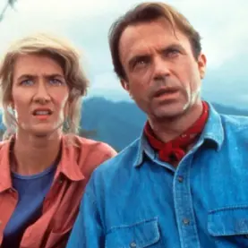 Sam Neill e Laura Dern em Jurassic Park, de 1993