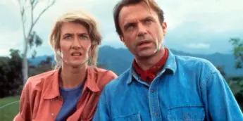 Sam Neill e Laura Dern em Jurassic Park, de 1993