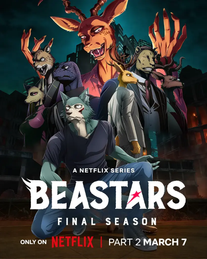 Pôster oficial da Parte 2 da temporada final de BEASTARS: O Lobo Bom