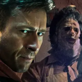 Glen Powell e Leatherface de O Massacre da Serra Elétrica