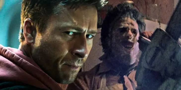 Glen Powell e Leatherface de O Massacre da Serra Elétrica