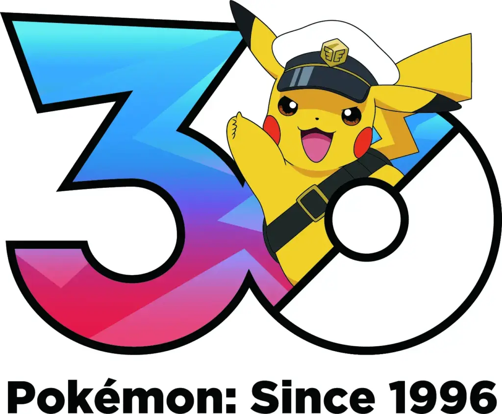 Logo de 30º aniversário de Pokémon: Horizontes destacando o Capitão Pikachu