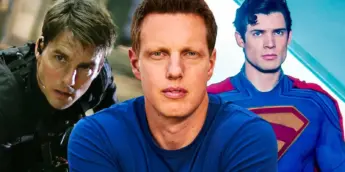 David Ellison, o atual chefe da Paramount, com Tom Cruise e David Corenswet ao fundo
