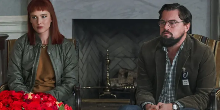 Jennifer Lawrence e Leonardo DiCaprio em Não Olhe Para Cima!