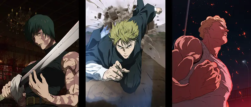 Ilustrações de Maki, Naoya e Hakari para capas de Volume 2 de Blu-ray da 3ª temporada de Jujutsu Kaisen