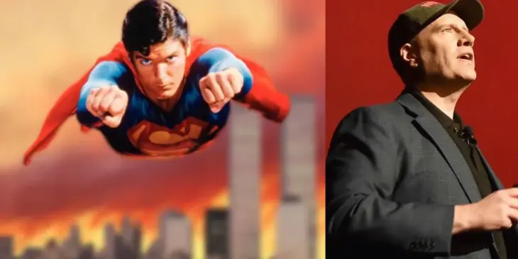 Christopher Reeve como Superman e Kevin Feige, o chefe da Marvel Studios