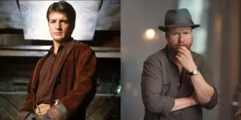 Nathan Fillion, o protagonista de Firefly, e Joss Whedon, o criador da série de ficção científica
