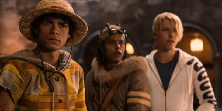 Luffy (Iñaki Godoy), Usopp (Jacob Romero) e Sanji (Taz Skylar) em One Piece: A Série