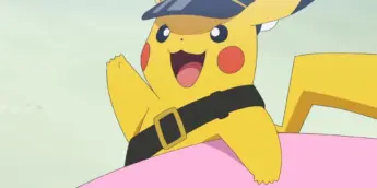 Capitão Pikachu se preparando para surfar em cena de Pokémon: Horizontes - Temporada 3 - Altas Esperanças