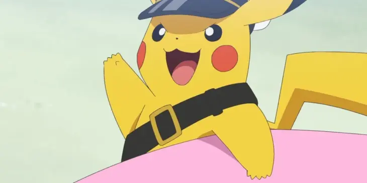 Capitão Pikachu se preparando para surfar em cena de Pokémon: Horizontes - Temporada 3 - Altas Esperanças