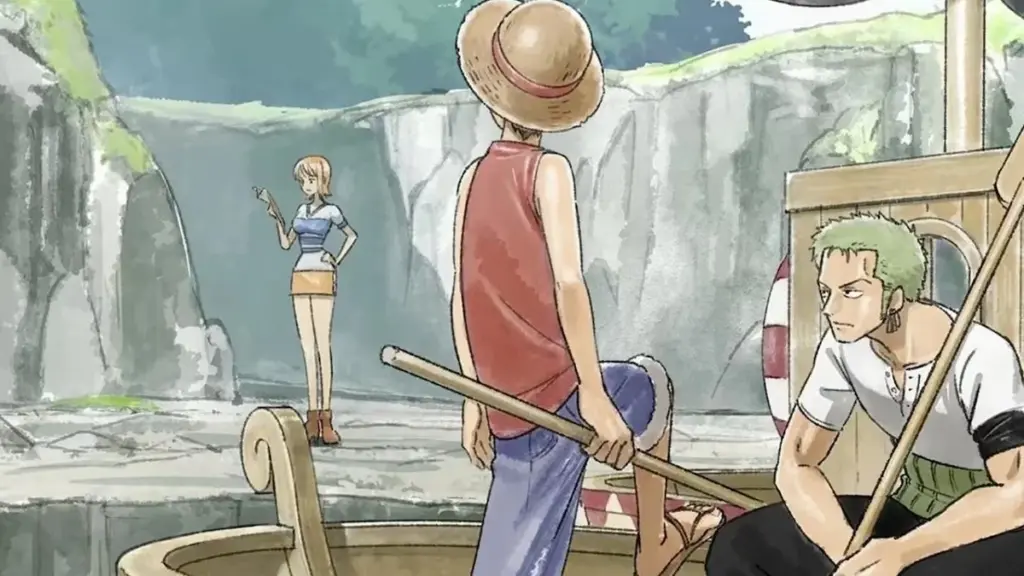 Nami, Luffy e Zoro em arte conceitual de The One Piece