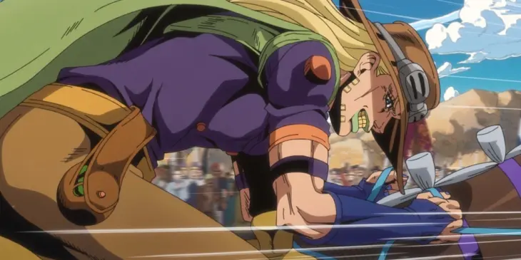 Gyro Zeppeli em cena de JoJo's Bizarre Adventure: Steel Ball Run