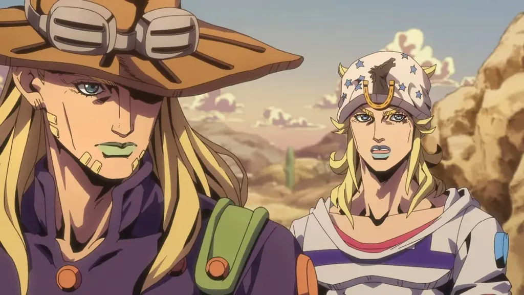 Gyro Zeppeli e Johnny Joestar em cena da 2ª Etapa de JoJo's Bizarre Adventure: Steel Ball Run