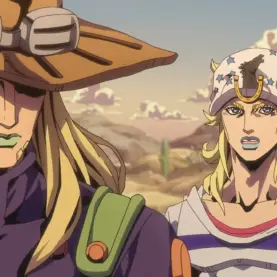 Gyro Zeppeli e Johnny Joestar em cena da 2ª Etapa de JoJo's Bizarre Adventure: Steel Ball Run