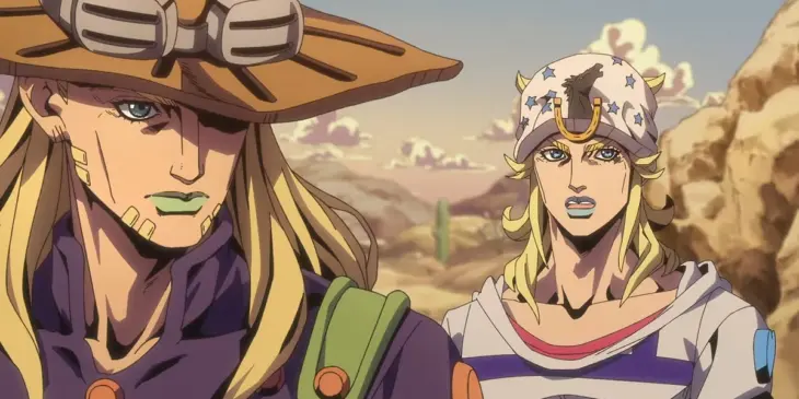 Gyro Zeppeli e Johnny Joestar em cena da 2ª Etapa de JoJo's Bizarre Adventure: Steel Ball Run