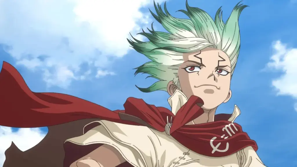 Senku em cena do Episódio 1 da Parte 3 da temporada final de Dr. Stone