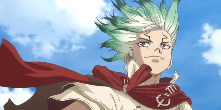 Senku em cena do Episódio 1 da Parte 3 da temporada final de Dr. Stone