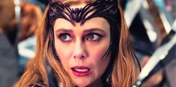 Elizabeth Olsen com visual da Feiticeira Escarlate em filme do MCU