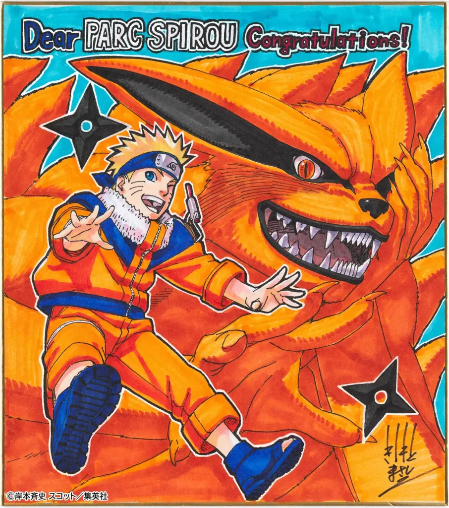 Ilustração shikishi destacando Naruto e Kurama, por Masashi Kishimoto