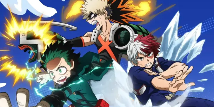 Deku, Bakugo e Shoto em arte promocional de My Hero Academia: United Survival