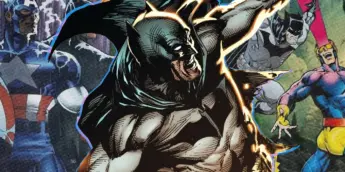 Batman, com heróis da Marvel ao fundo