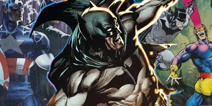Batman, com heróis da Marvel ao fundo