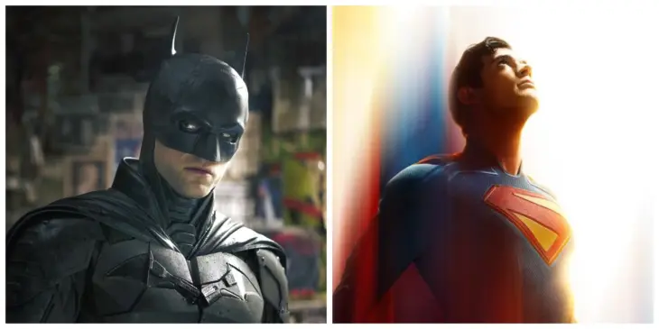 Robert Pattinson como Batman e David Corenswet como Superman