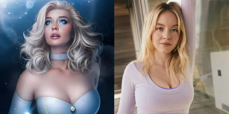 A personagem Emma Frost e a atriz Sydney Sweeney