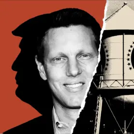 David Ellison, CEO da Paramount, com sombra de Donald Trump ao fundo