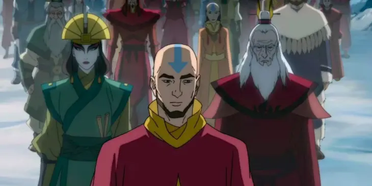 Aang adulto ao lado de outros personagens de Avatar