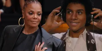 Janet Jackson, irmã de Michael Jackson, e seu sobrinho Jaafar Jackson caracterizado para a cinebiografia Michael