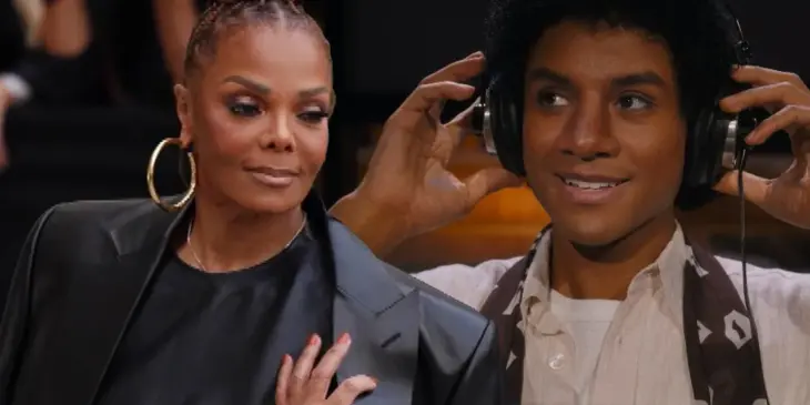 Janet Jackson, irmã de Michael Jackson, e seu sobrinho Jaafar Jackson caracterizado para a cinebiografia Michael