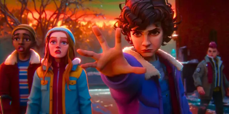 Lucas, Max e Eleven em Stranger Things Histórias de 85