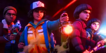 Lucas, Dustin, Will e Mike em Stranger Things Histórias de 85