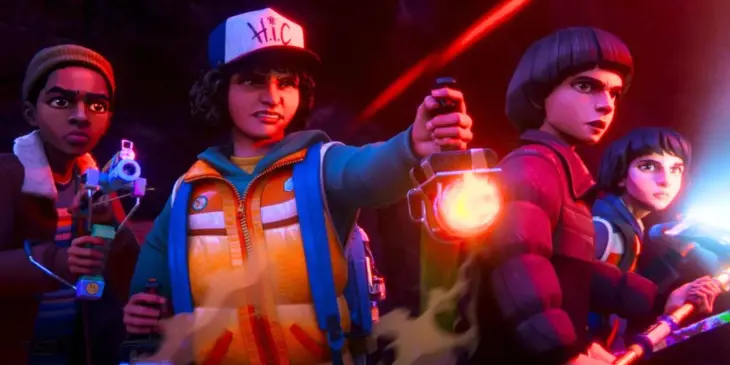 Lucas, Dustin, Will e Mike em Stranger Things Histórias de 85