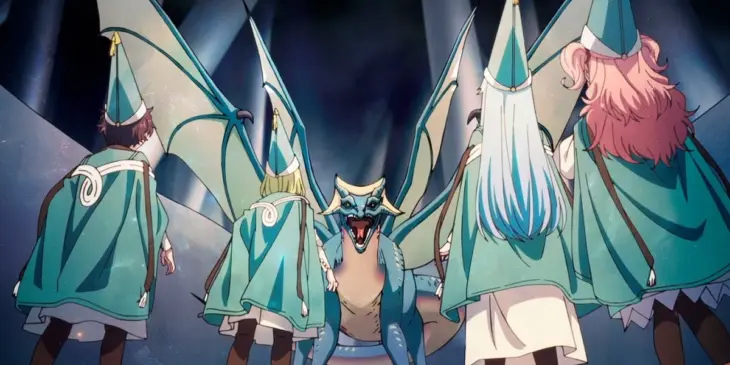 Agathe, Coco, Richeh e Tetia diante de dragão em pôster de Witch Hat Atelier