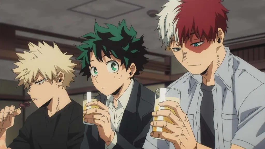 Bakugo, Deku e Shoto em cena do episódio extra de My Hero Academia