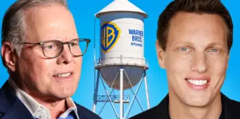 David Zaslav e David Ellison, com estúdio da Warner ao fundo
