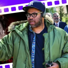 Jordan Peele, com imagens de dois de seus filmes, Nós e Corra!, ao fundo