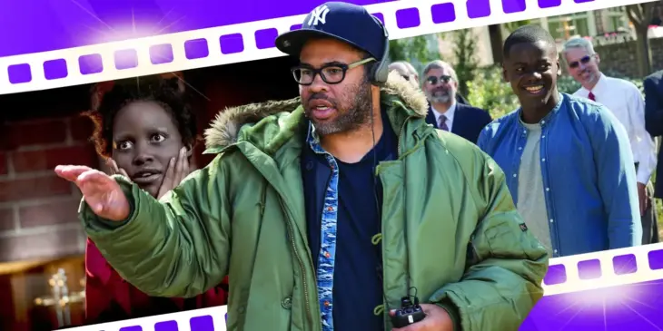 Jordan Peele, com imagens de dois de seus filmes, Nós e Corra!, ao fundo