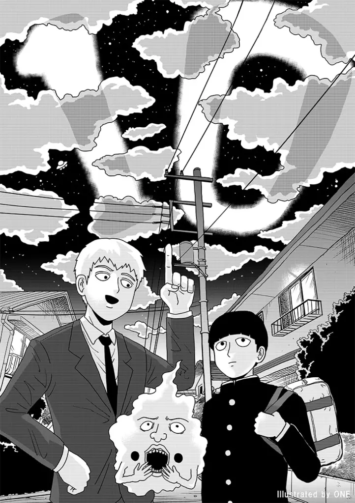 Ilustração celebrando o aniversário de Mob, por ONE